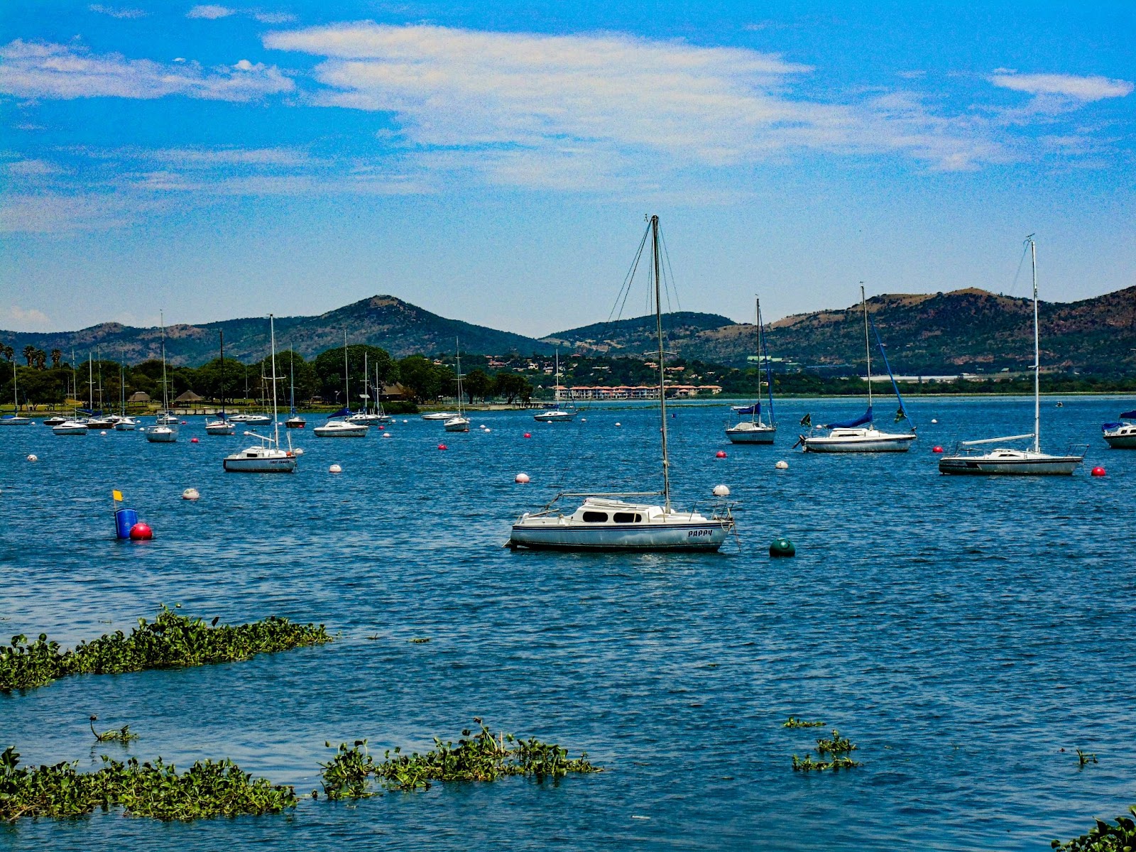 Sailboats moored on Hartbeespoort Dam with Magaliesberg mountains