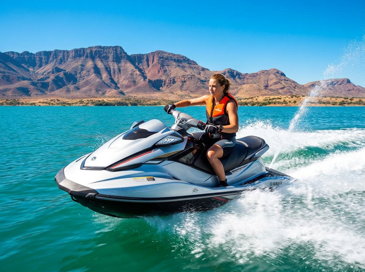 Jetski speeding across Hartbeespoort Dam with mountain views